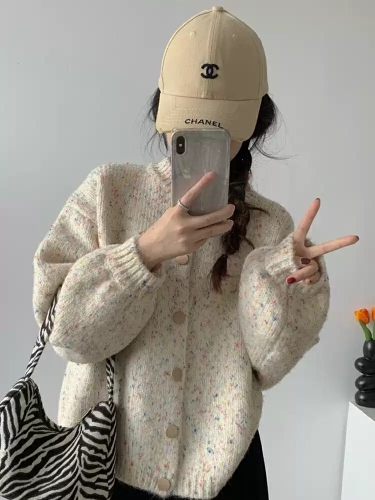 Korean chic atmosphere colorful dot sweater cardigan for women 2026 autumn and winter loose lazy style chic knitted jacket