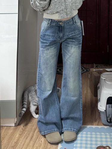 Ladies Loose Retro Denim Jeans, High Street Style, Splicing, Slimming Straight Leg Wide Pants, Trendy