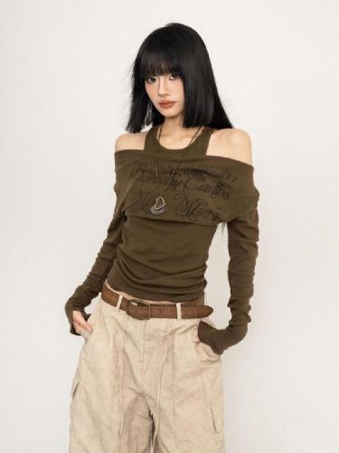 American Retro Print One-Shoulder Long-Sleeve T-Shirt for Women - Autumn New Arrival, Cinching Waist, Slimming, Hot Girl Style, Pseudo Two-Piece Top, Instagram Style