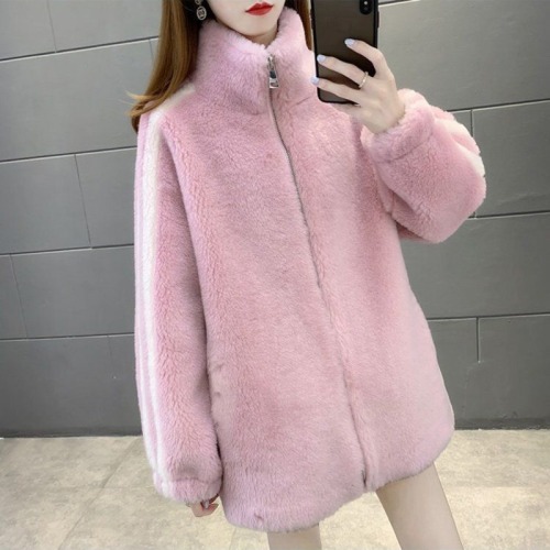 Women's Loose Fleece Lined Collar Fashion Matchable Rabbit Hair Warm Outerwear Top - New Autumn/Winter 2025 Korean Version