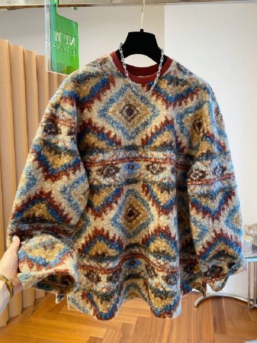 Original Large Size 300 Pounds Lamb Wool Sweatshirt for Women Loose Top Winter