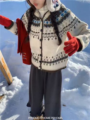 Retro Fair Isle Jacquard Hooded Sweater Jacket Women's Autumn and Winter Christmas Wear Atmosphere Knitted Cardigan Top