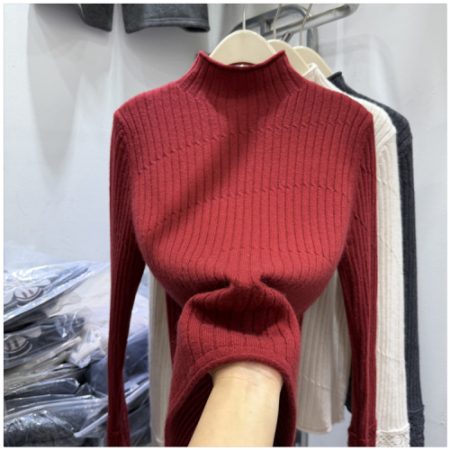 Designer Hollowed-Out Lace-Cuffed Knit Sweater for Women—Stylish, Age-Defying, Slim-Fit Base Layer with Mock Neck Top