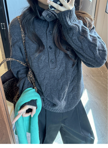 Lazily old money gray turtleneck crew neck sweater for women, autumn and winter Korean style, high-end sense loose and thick knit top