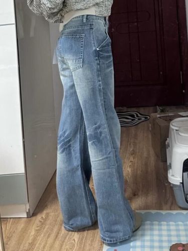 Ladies Loose Retro Denim Jeans, High Street Style, Splicing, Slimming Straight Leg Wide Pants, Trendy