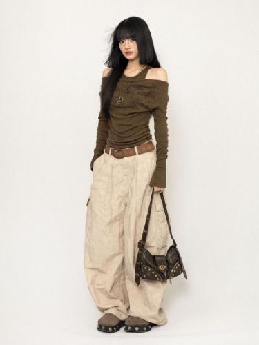 American Retro Print One-Shoulder Long-Sleeve T-Shirt for Women - Autumn New Arrival, Cinching Waist, Slimming, Hot Girl Style, Pseudo Two-Piece Top, Instagram Style