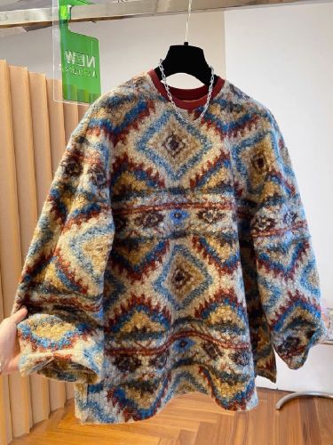 Original Large Size 300 Pounds Lamb Wool Sweatshirt for Women Loose Top Winter