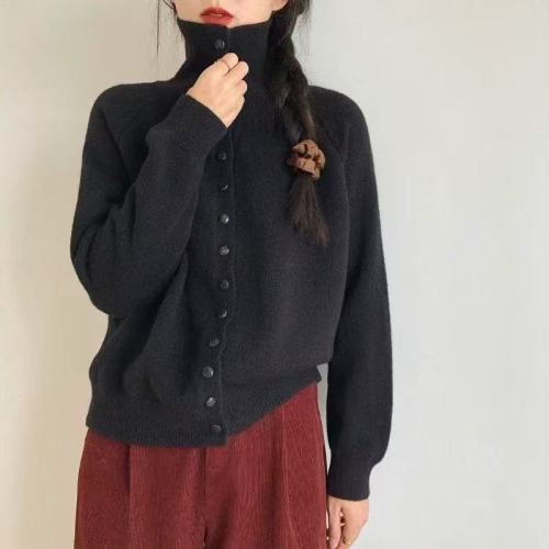 Women's Slimming Single Button Knit Cardigan with Soft Fabric, High Collar, and Advanced Style for Winter in Korea