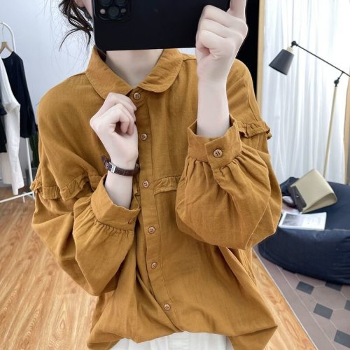 Cotton Linen Lantern Sleeve Blouse for Women 2025 Spring and Autumn Lotus Edge Long Sleeve Youthful Yuanbao Collar Top Retro Base Layer Blouse