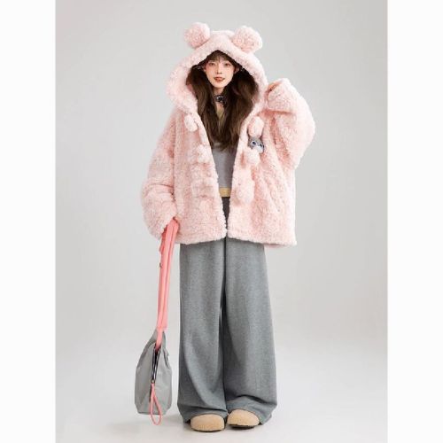 Sweet Pink Hooded Lamb Wool Coat for Women - Winter New Arrival Soft and Fluffy Casual Lazy Style Fur-Like Top Ins
