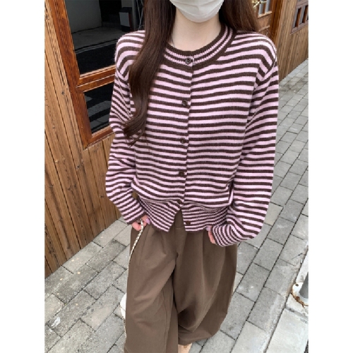 Photographed Autumn/Winter Korean Style Color Block Striped Shawl Cardigan Loose and Thick Round Neck Knit Sweater Women's Outerwear
