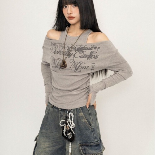 American Retro Print One-Shoulder Long-Sleeve T-Shirt for Women - Autumn New Arrival, Cinching Waist, Slimming, Hot Girl Style, Pseudo Two-Piece Top, Instagram Style