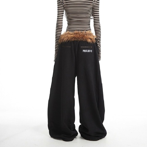 Fur-lined detachable hood with 3D pockets, zippered, fleece-lined, unisex autumn/winter relaxed-fit casual pants, wide-leg trousers.