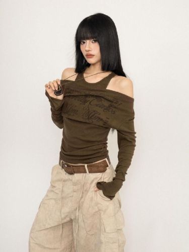 American Retro Print One-Shoulder Long-Sleeve T-Shirt for Women - Autumn New Arrival, Cinching Waist, Slimming, Hot Girl Style, Pseudo Two-Piece Top, Instagram Style