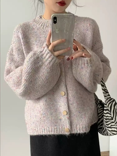 Korean chic atmosphere colorful dot sweater cardigan for women 2026 autumn and winter loose lazy style chic knitted jacket