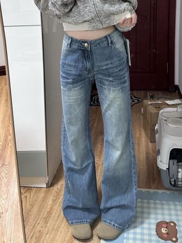 Ladies Loose Retro Denim Jeans, High Street Style, Splicing, Slimming Straight Leg Wide Pants, Trendy