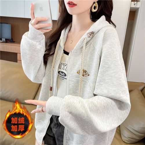 Photographed 2025 Winter Han Style Loose Cotton Blend Plush Fleece Embroidered Hooded Sweatshirt for Women