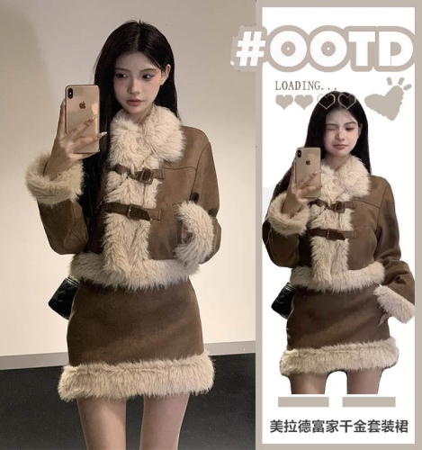 Autumn/Winter New Women's Han Drama Chanel Style Maillard Outfit Salt System Light Mature Winter Dress with Fleece Two-Piece Set