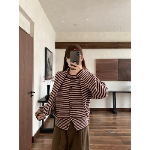 Photographed Autumn/Winter Korean Style Color Block Striped Shawl Cardigan Loose and Thick Round Neck Knit Sweater Women's Outerwear