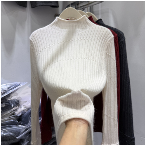 Designer Hollowed-Out Lace-Cuffed Knit Sweater for Women—Stylish, Age-Defying, Slim-Fit Base Layer with Mock Neck Top