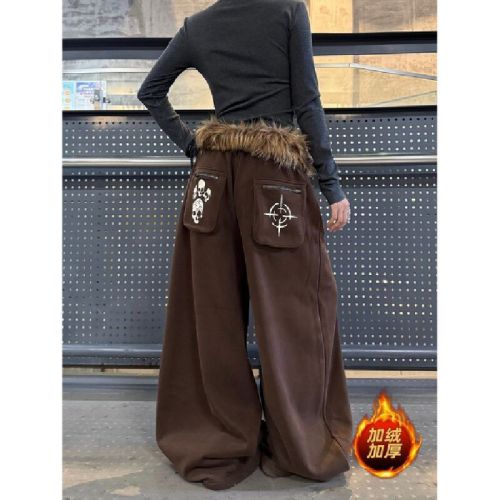 Fur-lined detachable hood with 3D pockets, zippered, fleece-lined, unisex autumn/winter relaxed-fit casual pants, wide-leg trousers.