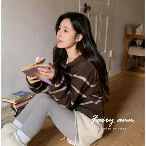 Korean autumn casual slim hooded sweater jacket for women new French lazy style loose striped knitted cardigan