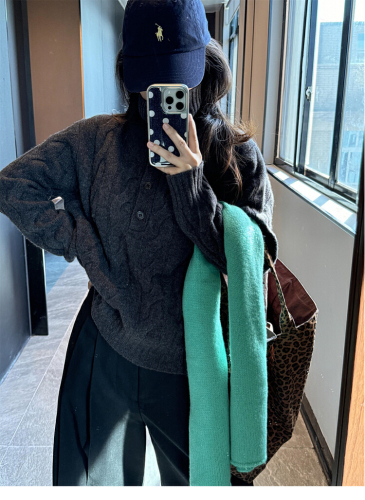 Lazily old money gray turtleneck crew neck sweater for women, autumn and winter Korean style, high-end sense loose and thick knit top