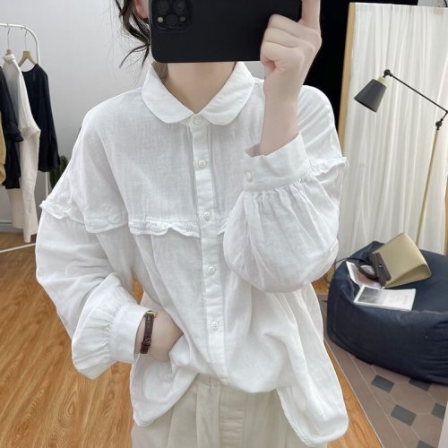Cotton Linen Lantern Sleeve Blouse for Women 2025 Spring and Autumn Lotus Edge Long Sleeve Youthful Yuanbao Collar Top Retro Base Layer Blouse