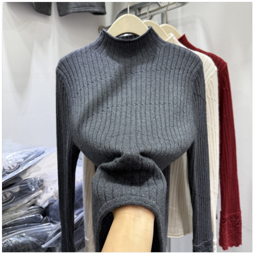 Designer Hollowed-Out Lace-Cuffed Knit Sweater for Women—Stylish, Age-Defying, Slim-Fit Base Layer with Mock Neck Top