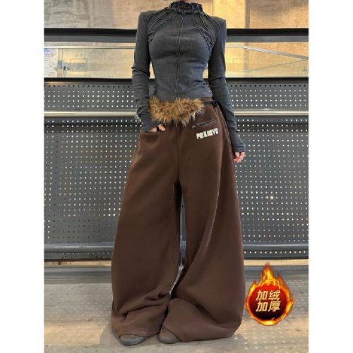 Fur-lined detachable hood with 3D pockets, zippered, fleece-lined, unisex autumn/winter relaxed-fit casual pants, wide-leg trousers.