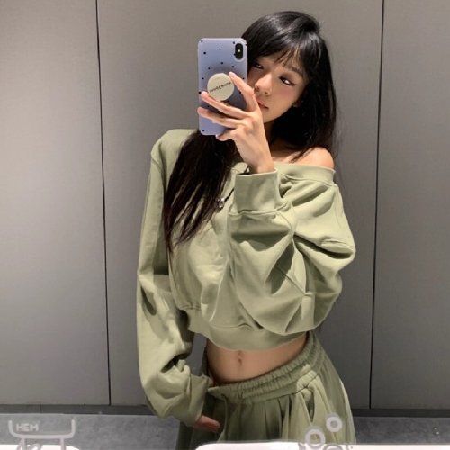 Gold Brilli Official Drawing + Original Version Quality Off-the-Shoulder Sweatshirt + Wide Leg Pants Loose Youthful Two-Piece Set