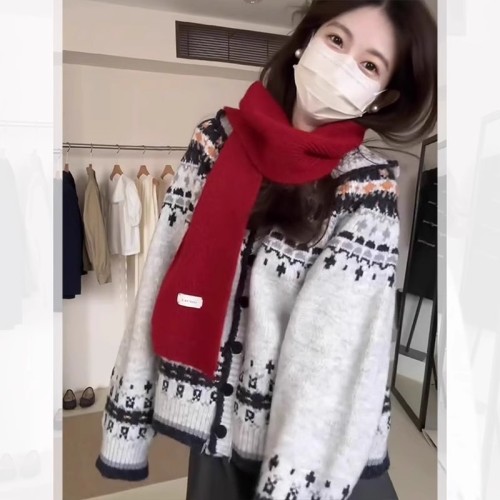 Retro Fair Isle Jacquard Hooded Sweater Jacket Women's Autumn and Winter Christmas Wear Atmosphere Knitted Cardigan Top