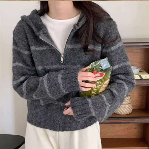 Korean autumn casual slim hooded sweater jacket for women new French lazy style loose striped knitted cardigan