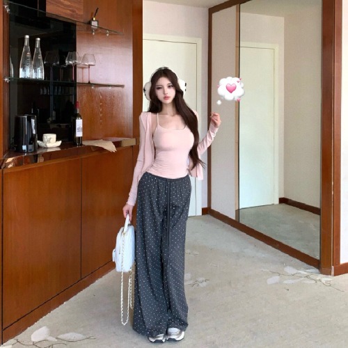 Photographed! Pure Desire Pink Chic Cardigan Tank Top Two-Piece Set for Women Lazy Loose Polka Dot Casual Pants Set Trendy