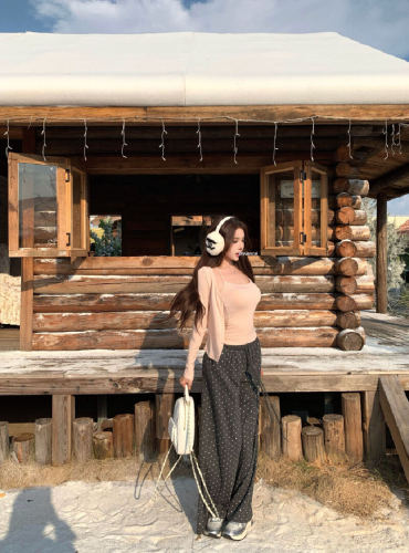 Photographed! Pure Desire Pink Chic Cardigan Tank Top Two-Piece Set for Women Lazy Loose Polka Dot Casual Pants Set Trendy