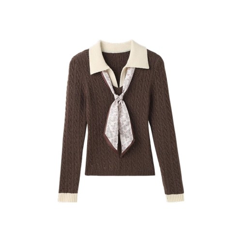 Polo-neck faux two-piece knitted sweater for women—winter inner layer, slim-fit design, spliced, short-length long-sleeved top.