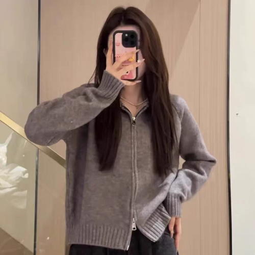 Women's Spring and Autumn New Han Style High-Grade Slouchy Loose Short Hooded Cardigan with Double Zippers