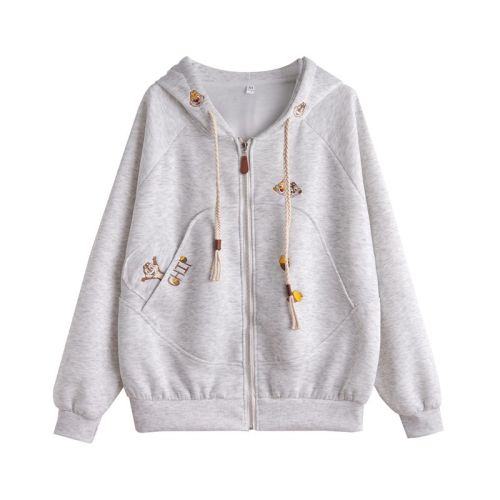 Photographed 2025 Winter Han Style Loose Cotton Blend Plush Fleece Embroidered Hooded Sweatshirt for Women