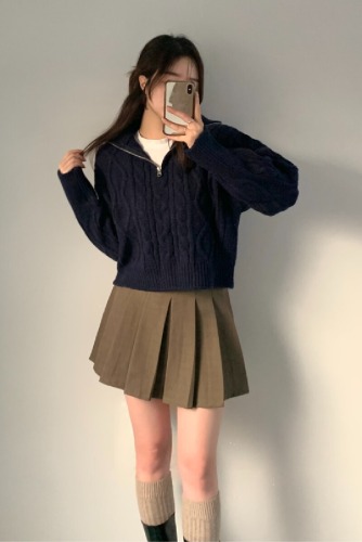 Korean-style half-length ribbed cable knit zip-up hoodie top, plain color minimalist turtleneck sweater