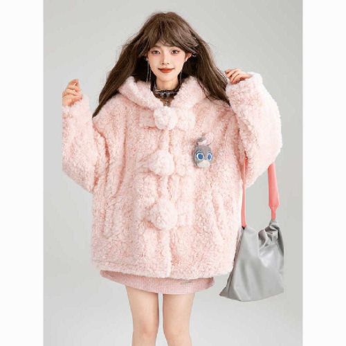 Sweet Pink Hooded Lamb Wool Coat for Women - Winter New Arrival Soft and Fluffy Casual Lazy Style Fur-Like Top Ins