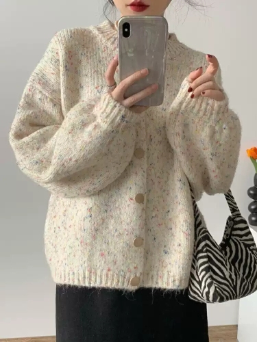 Korean chic atmosphere colorful dot sweater cardigan for women 2026 autumn and winter loose lazy style chic knitted jacket