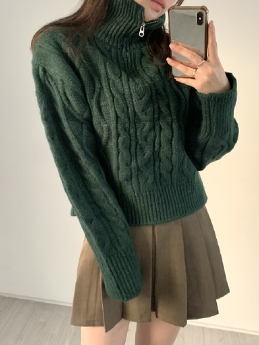 Korean-style half-length ribbed cable knit zip-up hoodie top, plain color minimalist turtleneck sweater