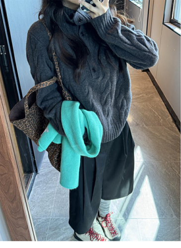 Lazily old money gray turtleneck crew neck sweater for women, autumn and winter Korean style, high-end sense loose and thick knit top