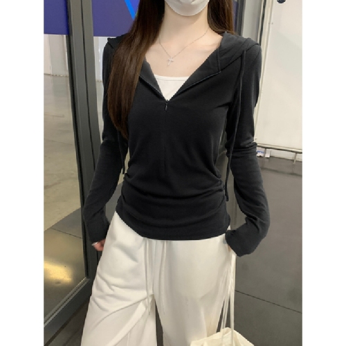 Photographed Korean style winter and autumn temperament slim fit hooded two-piece drawstring half-zip design long-sleeved T-shirt top