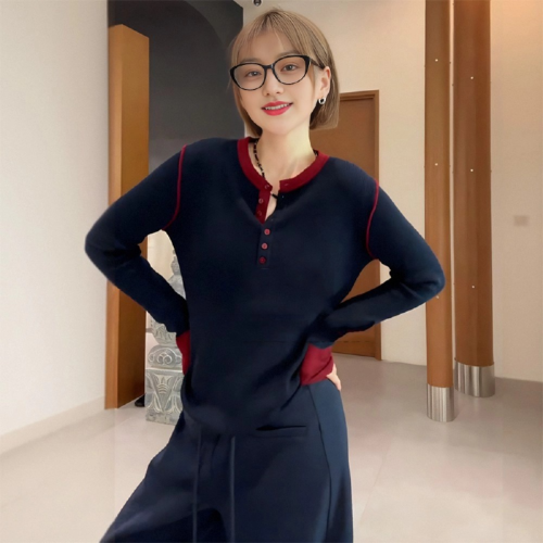 Andi Cotton Color-Block Long-Sleeve Knit Top for Women - Autumn New Slimming Frock Coat, Innerwear Sweater, Base Shirt, Top