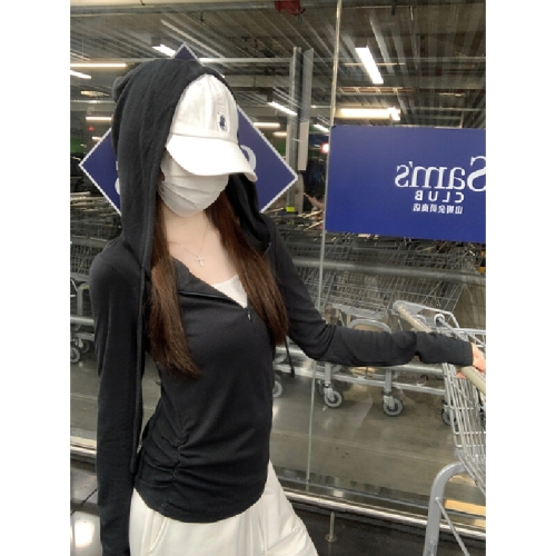 Photographed Korean style winter and autumn temperament slim fit hooded two-piece drawstring half-zip design long-sleeved T-shirt top