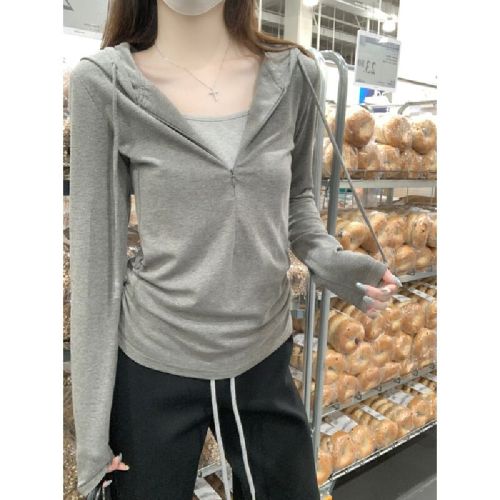 Photographed Korean style winter and autumn temperament slim fit hooded two-piece drawstring half-zip design long-sleeved T-shirt top