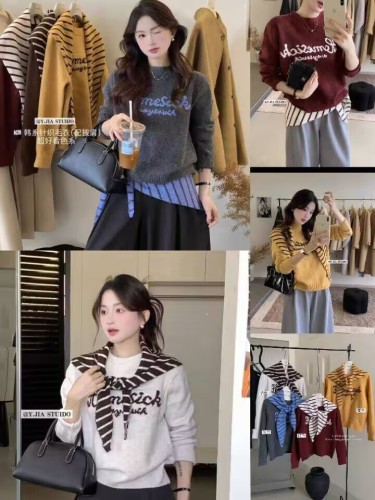 Y.JIA Autumn/Winter Retro Relaxed-Style Color-Block Letter-Embroidered Soft and Fluffy Sweater for Women with Shawl Complement