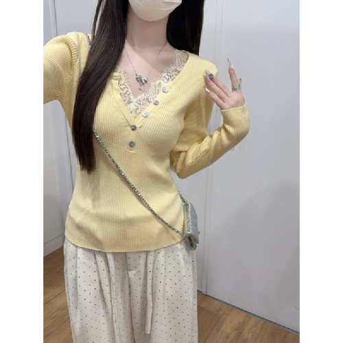 Real-shot autumn/winter Korean-style lace-matched half-high-neck elegant slim-fit andy velvet knitted sweater long-sleeved top