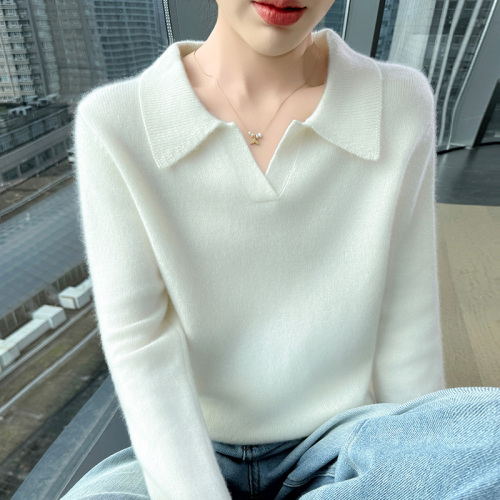Polo Collar Cashmere Sweater for Women - Autumn/Winter New Arrival White Slim Fit Slimming Matchable Knit Top Pure Color Sweatshirt